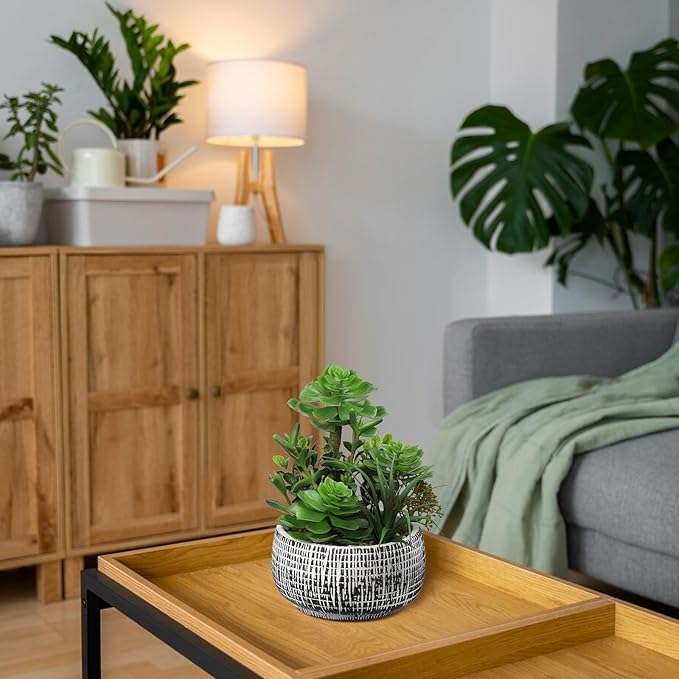Villa Como 10” Large Succulents Plants Artificial in Ceramic Pots Potted Faux Succulent Arrangement with Black Bowl Pots Fake Desk Succulents Plants for Home Bathroom Shelf Table Indoor Decor