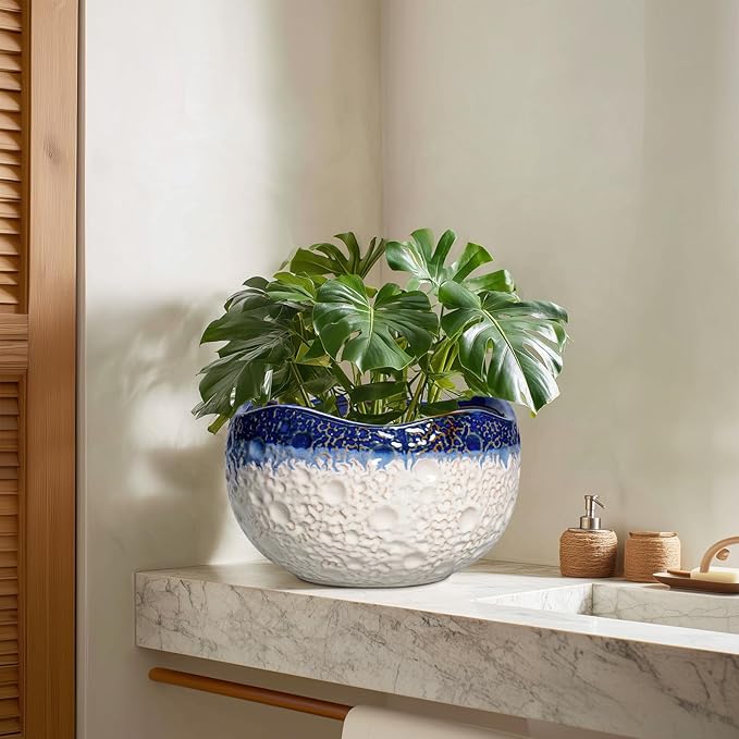 Ceramic Flower Pots - 10 Inch Planter for Indoor Outdoor Plants, Decorative Planter with Drainage Hole and Plug, Round Large Plant Pots, Garden Decor, Gifts for Plant Lovers, Beige-Blue