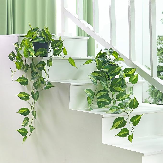 Realistic Artificial Pothos Vines with Pots - Fake Hanging Plants for Indoor Decor, Low Maintenance Silk Faux Greenery(2 PCS)
