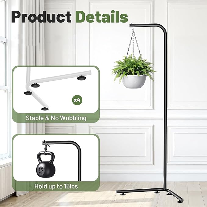 Hanging Plant Stand Indoor, Corner Plant Stands for Indoor Plants, Black Metal Hanging Plant Holder with Suction Base, Standing Plant Hanger for Living Room, Balcony, Garden, Bathroom