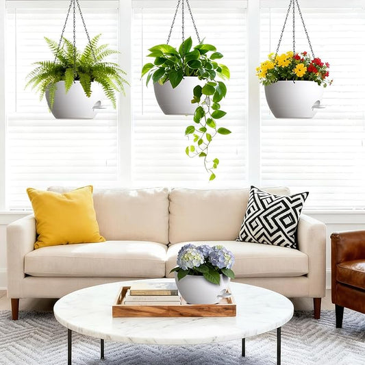 UOUZ Set of 3-10 Inch Self Watering Hanging Planters for Indoor Outdoor,Hanging Plant Pots with Drainage & Removable Tray, Hanging Pots for Pothos Plant, Spider Plants, Ferns, Balcony & Patio, White