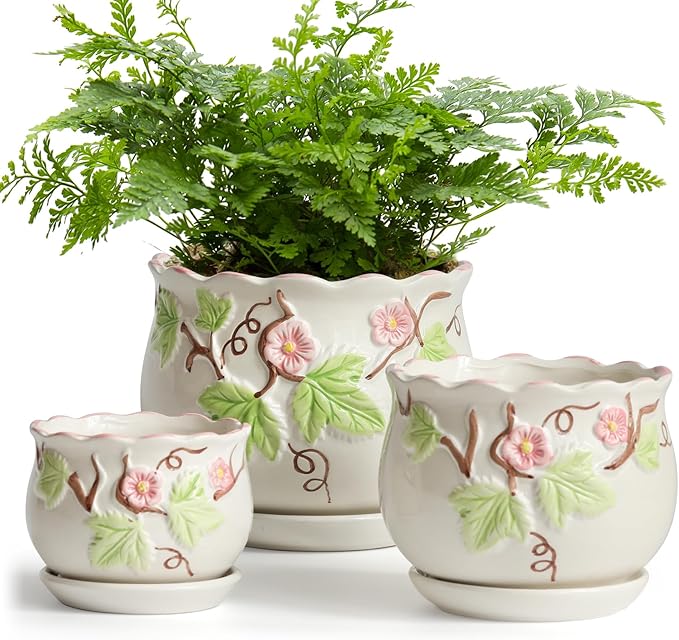 STHIE Ceramic Plant Pots with Drainage Holes and Saucers, Round Flower Pots for Indoor Plant, 4/5.2/6.6 Inches Vintage Flower Planters Set of 3