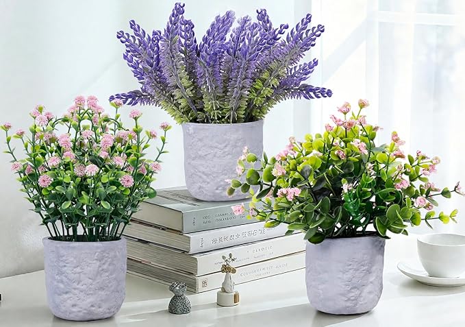 3-Pack Potted Artificial Plants, Small Eucalyptus Faux Plants for Shelf Desk Home Bathroom Farmhouse Room Coffee Table Decor (Pink Purple)