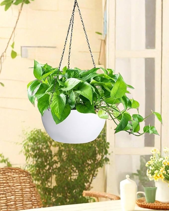 vensovo 12 Inch Large Hanging Planters for Outdoor Plants - 2 Pcs Plastic Hang Planter Flower Pot Baskets with Drainage Holes and Chain, Plant Pots for Home Garden Decor, White