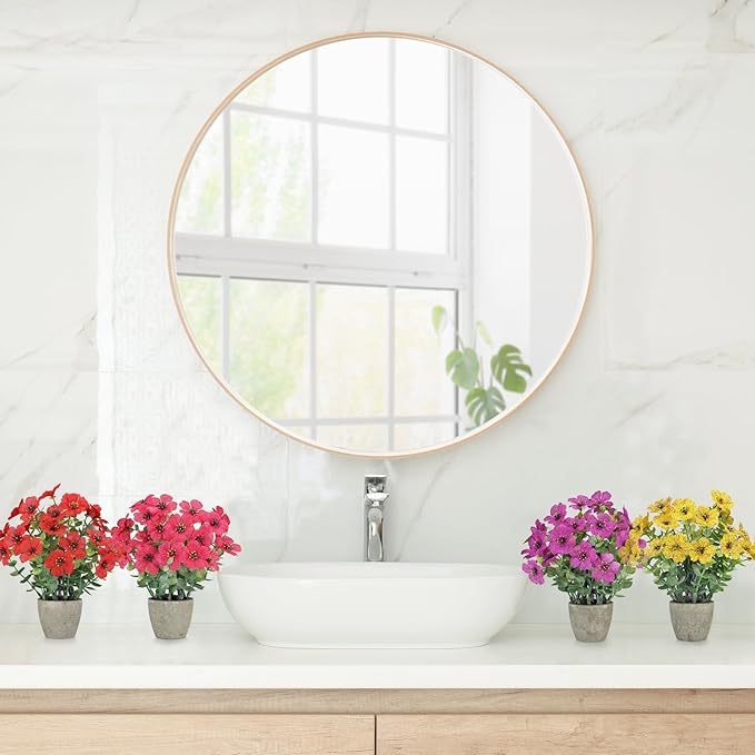 4 Pack Small Fake Plants Potted Artificial Plants Artificial Flowers Potted Faux Flower Daisy with Eucalyptus Leaves for Home Decor Office Room Farmhouse Indoor Table Bathroom Decor (Mixed)