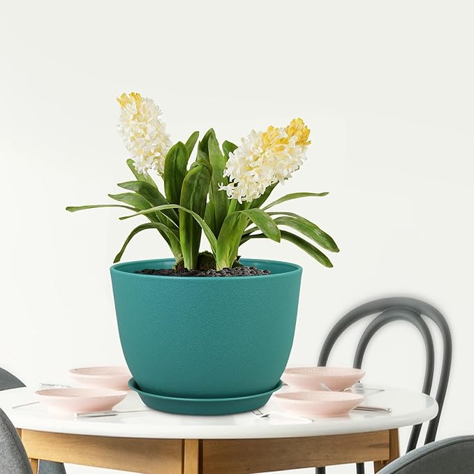 Meowell Plant Pots 12 inch, Plastic Planters with Drainage Holes and Saucers, Large Flower Pots for Indoor Outdoor Plants, Modern Decorative Pots for Garden House Plants, Blue Green