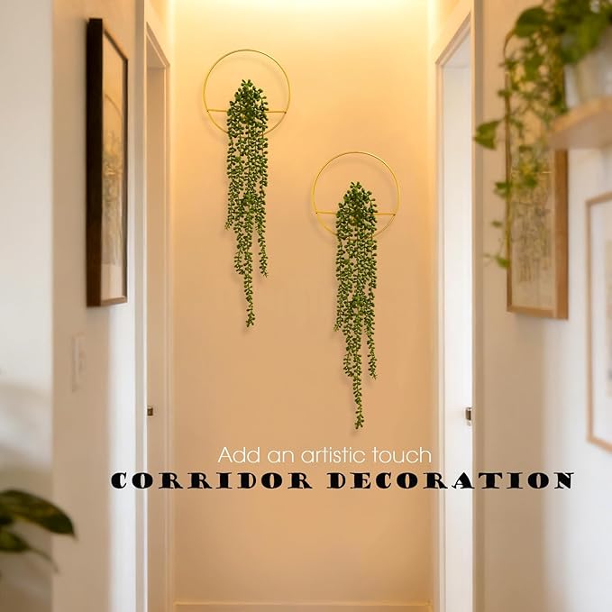 GREENTIME 2 Pack Artificial String of Pearls 22" Fake Hanging Plants with 8" Round Metal Wall Decor for Living Room Indoor Outdoor Bedroom UV Resistant No Maintenance Boho
