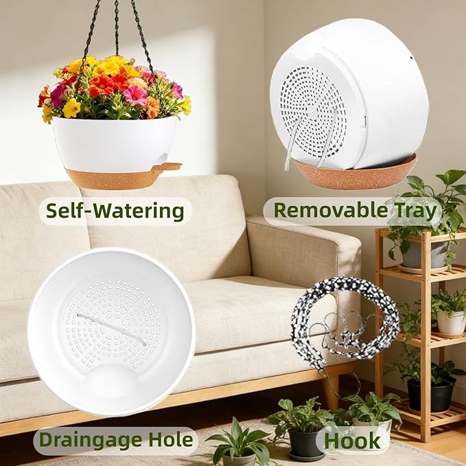 3 Pack Hanging Planters for Indoor Outdoor Plants, 10 Inch Self Watering Hanging Pots for Plants, Plastic Hanging Flower Baskets for Plants Hanger with Drainage and Tray, Chain (White Brown)