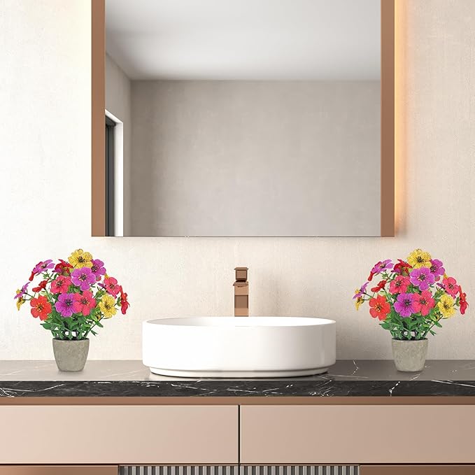 2 Pack Small Fake Plants Potted Artificial Plants Artificial Flowers Potted Faux Flower Daisy with Eucalyptus Leaves for Home Decor Office Room Farmhouse Indoor Table Bathroom Decor (colorful)