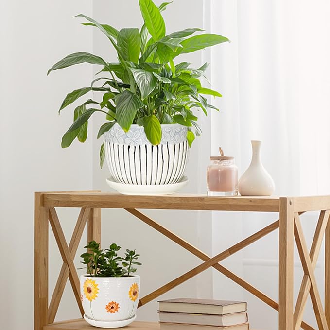 Hlukana Ceramic Plant Pots Set of 3, 6.75/5.6/4.2 inch Planters with Drainage Holes and Saucer, Flower Pot Outdoor Indoor, Modern Decorative Planters for House Plants Garden Planters Succulent Pots