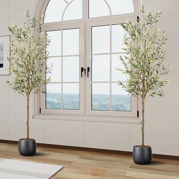 Artificial Fake Olive Tree 6FT Tall 2Pack Faux Silk Olive Tree for Home Living Room Office Decor Faux Artificial Plants Indoor Fake Potted Plants with Fruit & Free Moss