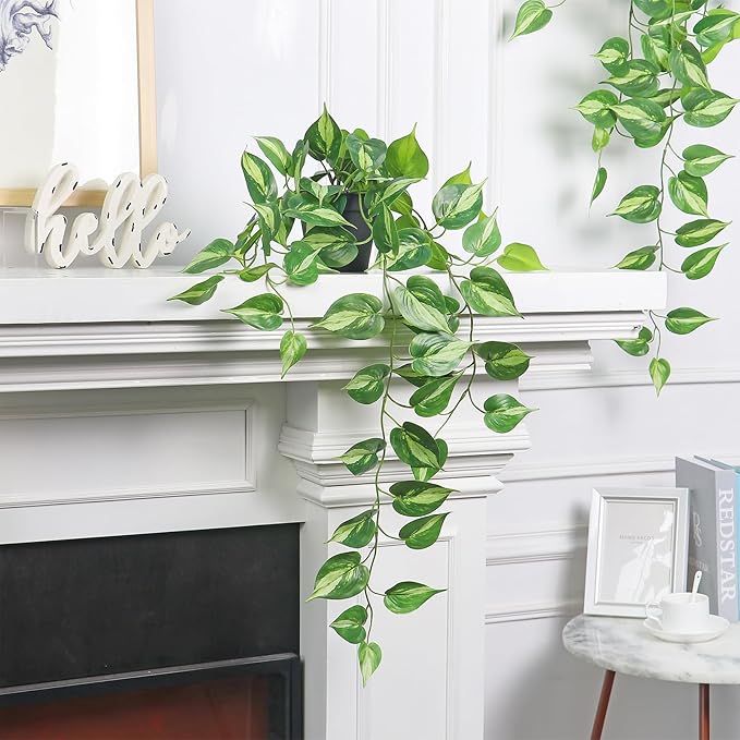 Fake Pothos Hanging Plants Artificial Ivy Vines with Pots - Realistic Indoor Greenery Decor, Low Maintenance Faux Home Decoration (1 PCS)