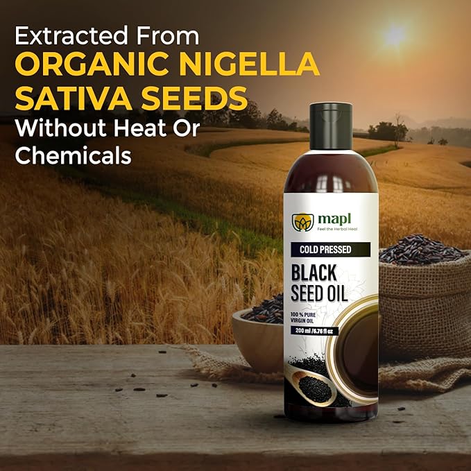 Mapl Organic Black Seed Oil Cold-Pressed from Nigella Sativa – Pure Unrefined Black Cumin Seed Oil Non-GMO & Vegan, Rich in Omega 3 6 9 for Hair Growth, Skin Care & Immune Support – 6.76 Fl Oz (200ml)