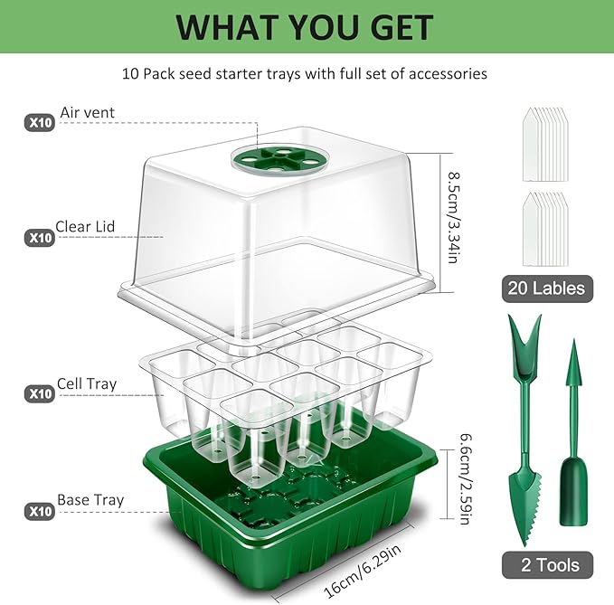 YAUNGEL Seed Starter Tray, 10 Pack 120 Cells Thicken Seed Starter Kit with Heightened Lids Humidity Dome Seedling Starter Trays for Indoor Gardening Plant, Green