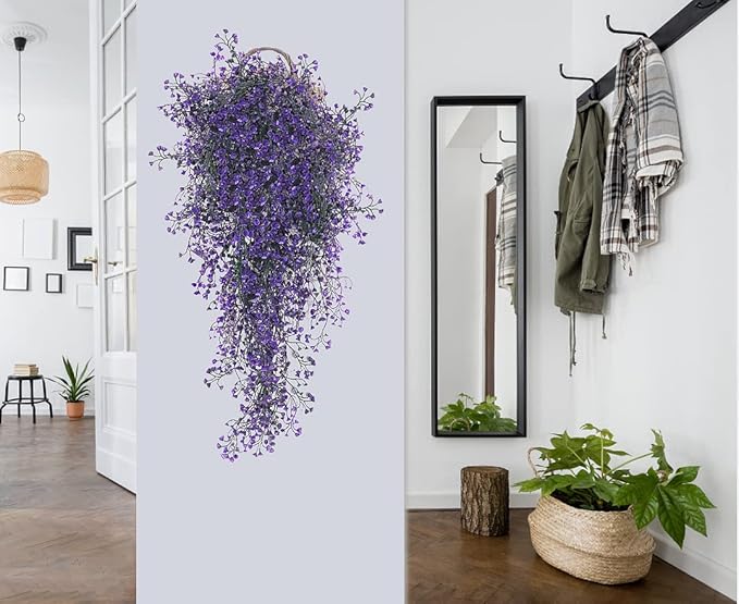 RECUTMS Artificial Hanging Plants Fake Vines Wall Hanging 4Pcs Faux Ferns Leaves Greenery for Spring Home Garden Wedding Party Indoor Outdoor Easter Decorations(Purple)