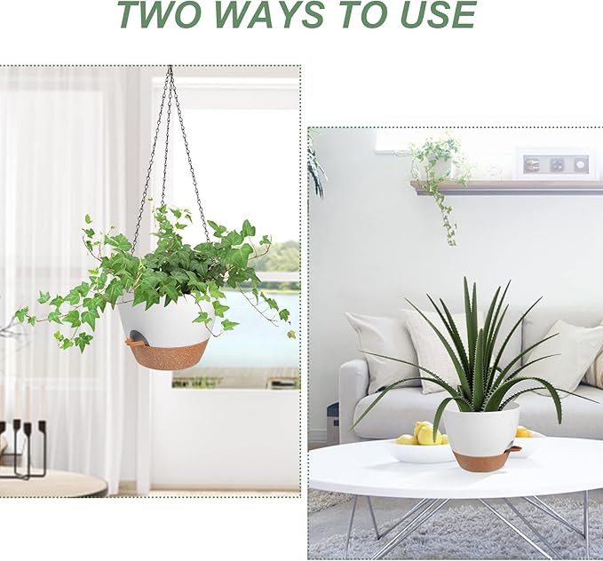 Vanslogreen Hanging Planters for Indoor Outdoor Plants, 2 Pack Self Watering Hanging Pot with Drainage Holes & Removable Tray (White, 6'')