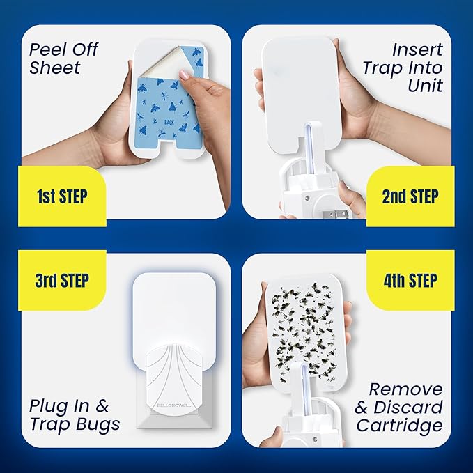 Bell+Howell Rogue Sticky Fly Insect Trap Indoor with 3 Cartridge Replacements, Home Plug in Bug Catcher Indoor UV Light Bug Trap for Flies, Fruit Flies, Gnats and More, Safe for Pets & Kids