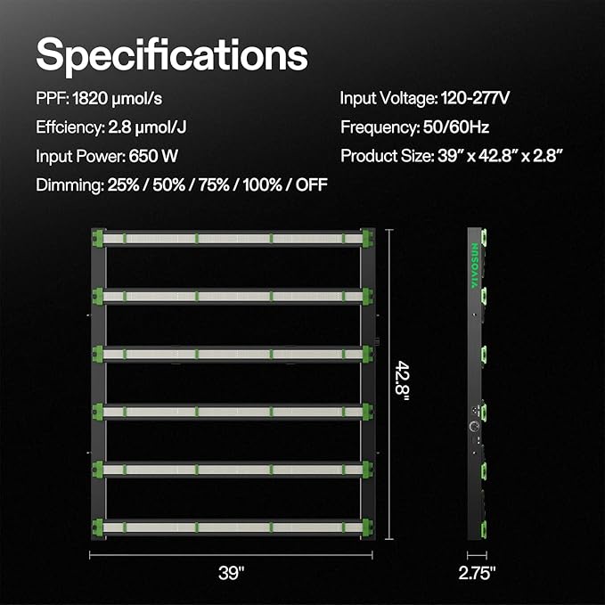 VIVOSUN Patented Design VSFD6500 LED Grow Light, 650W Detachable Dimmable Plant Grow Light with 6 Dimming Option - Full Spectrum and UR/IR Light for Indoor Plants