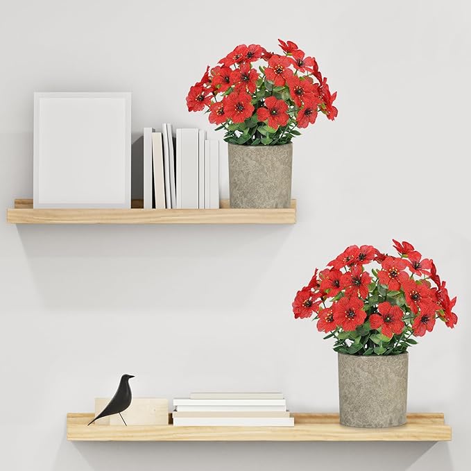 FAVOWREATH 2 Pack Small Fake Plants Potted Artificial Plants Artificial Flowers Potted Faux Flower Daisy with Eucalyptus Leaves for Home Decor Office Room Farmhouse Indoor Table Bathroom Decor(Red)