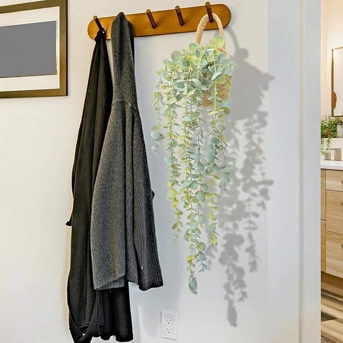 Fake Hanging Plant Decor Indoor, Eucalyptus Artificial Faux Plants in Wall Woven Planters, Jute Hanger with Black Pot Soft Green 1PCS 23Inch Long