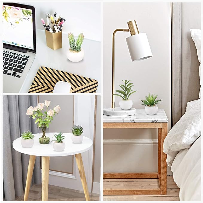 GREENTIME 6 Pcs Mini Artificial Succulents Plants in Ceramic Pots Small Fake Succulent Faux Plant Indoor Decor Bedroom Desk Bathroom Office Living Room Table Shelf Home Decoration Green White