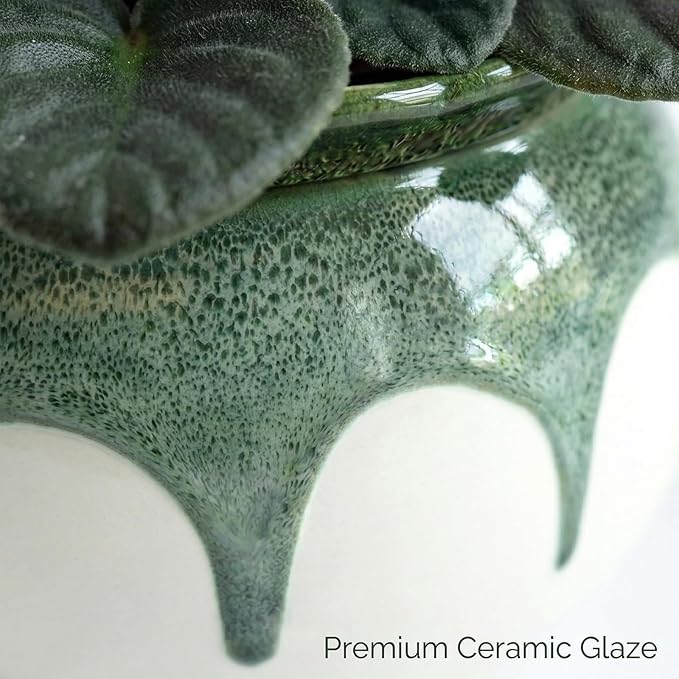 African Violet Pots, 6 Inch Self Watering Pots for Indoor Plants, Easy Plant Self Watering Planter, Ceramic Plant Pot with Absorbent Inner Pot for Flowers - Gradient Green (No Plants)