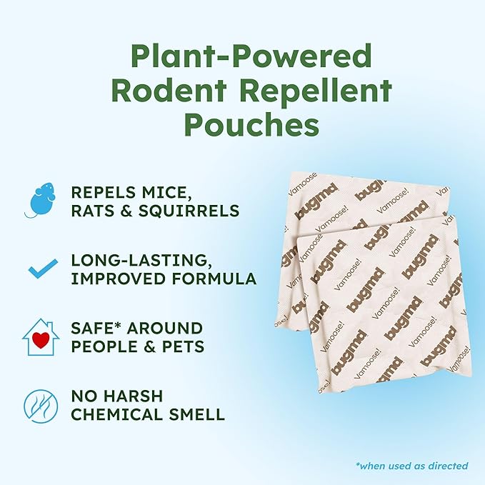 BugMD Vamoose! Plus Peppermint Oil Mouse Repellent Pouches | Natural Mice Repellent Indoor & Rat Deterrent for House, Garage, RV, Car & Storage | Plant-Powered Rodent Control - 4 Pack - 16 Pouches