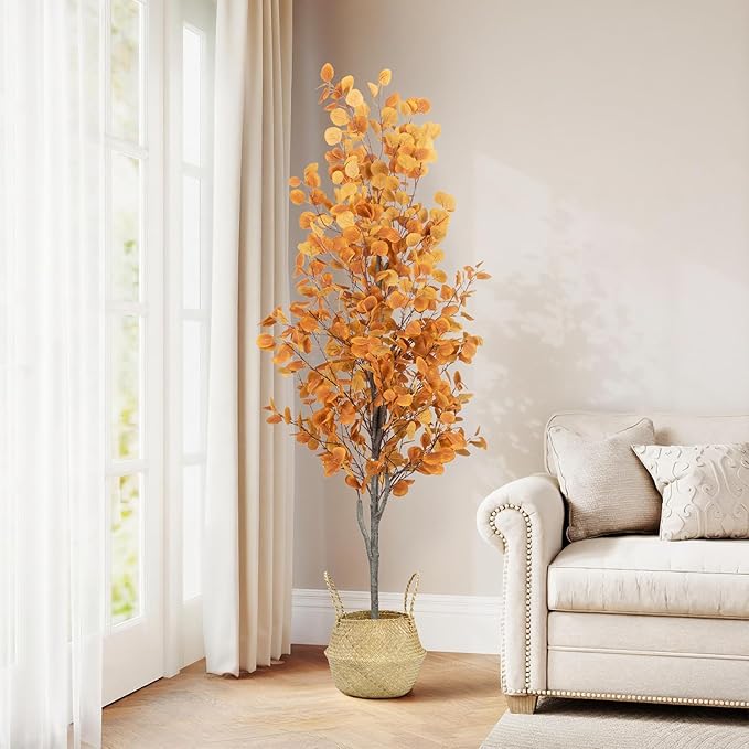 6FT Fall Artificial Eucalyptus Tree with Wicker Basket, Orange Potted Faux Eucalyptus Trees, Autumn Fake Eucalyptus Plants, Lifelike Leaves & Natural Trunk for Home Office Bedroom, Indoor