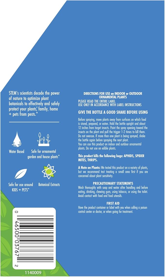 STEM Insect Spray for Indoor and Outdoor Plants, Kills Garden Insects, Plant Safe: Water Based, Botanical Insecticide, 12 oz