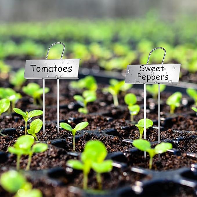 30-Pack Rust-Proof Metal Plant Labels with Galvanized Stakes, Height 10.6" Label Area 3.5"x1.2", Waterproof Weatherproof Garden Markers, Reusable Tags with 2 Pens (Silver)
