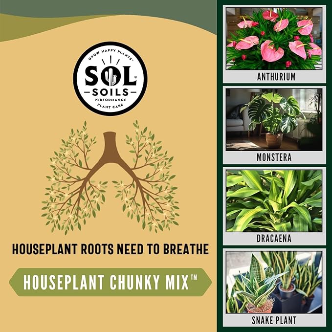 Sol Soils Chunky Houseplant Mix - Fast Draining Soil for Indoor Plants with Coco Coir Chips, Perlite, & Pumice, 2 Quart