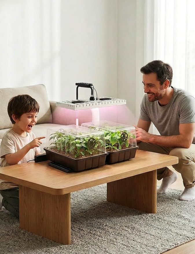 MetryGrow 48W Full Spectrum LED Grow Light Seed Starter Kit, 80-Cell Tray with 30W Heating Mat & Adjustable Dome, Waterproof Germination System for Healthy Indoor Seedlings