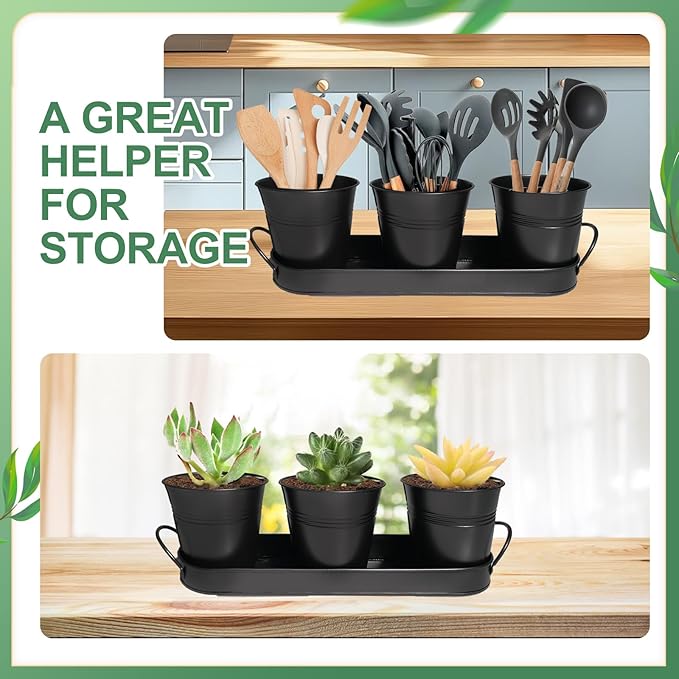 3 Sets Herb Planter Black Metal Window Planter with Tray and Drainage Farmhouse Garden Pots for Plants Flower Succulent for Indoor Outdoor Kitchen Apartment Balcony Window