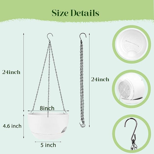 Set of 2-8 Inch Self Watering Hanging Planters for Indoor Outdoor,Hanging Plant Pots with Drainage & Removable Tray, Hanging Pots Holder for Ivy, Pothos, Ferns, Balcony & Patio, White