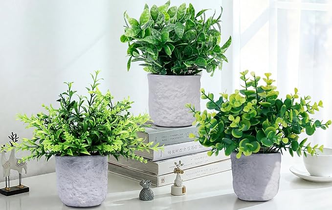 3-Pack Potted Artificial Plants, Small Eucalyptus Faux Plants for Shelf Desk Home Bathroom Farmhouse Room Coffee Table Decor (Green)