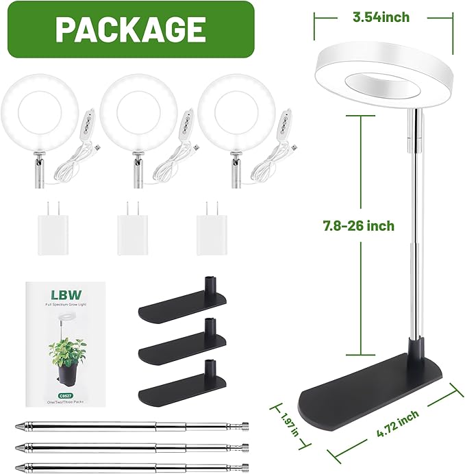 LBW Grow Light for Indoor Plants, Height Adjustable Plant Grow Lamp with Auto On/Off Timer 6/8/12/16H, 3 Colors,5 Dimmable Brightness, for Small Plants, White, 3 Packs