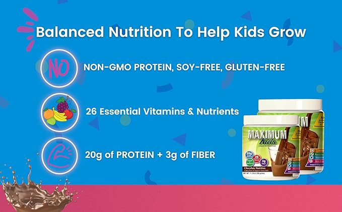Maximum Kids Complete Organic Powder Mix. Great Tasting, Easy to use, Complete Nutritional Drink with 26 Vitamins and Minerals, 20g of Plant Protein, 3g of Fiber. Kid Tested. Parents Approved.