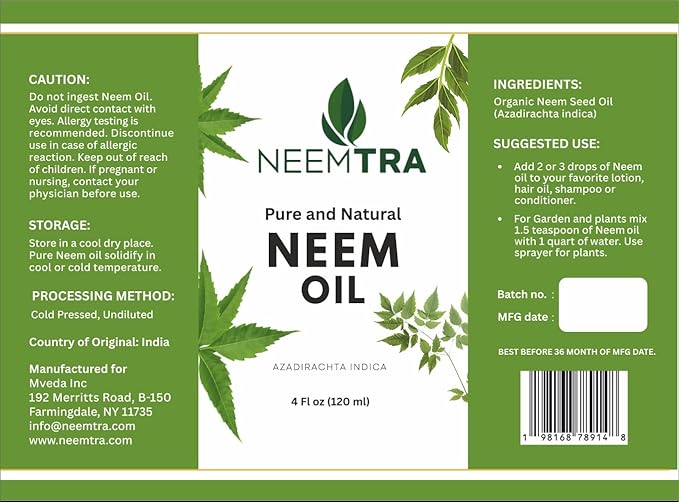 Natural and Pure Neem Oil, Cold Pressed, Undiluted, for Garden and Plants, Shampoo, Lotion and Hair oil, 4 fl Oz