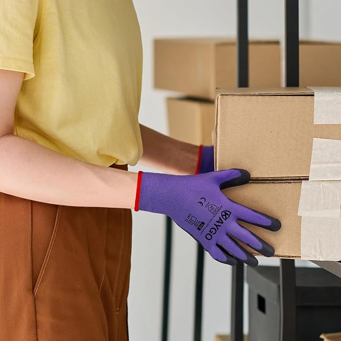 KAYGO Work Gloves for Men and Women,12 Pairs Seamless Knit PU Coated Safety Gloves, with Smooth Grip on Palm and Fingers, Ideal for Light Warehouse, Manufacturing, Gardening, KG11P (L, Purple)