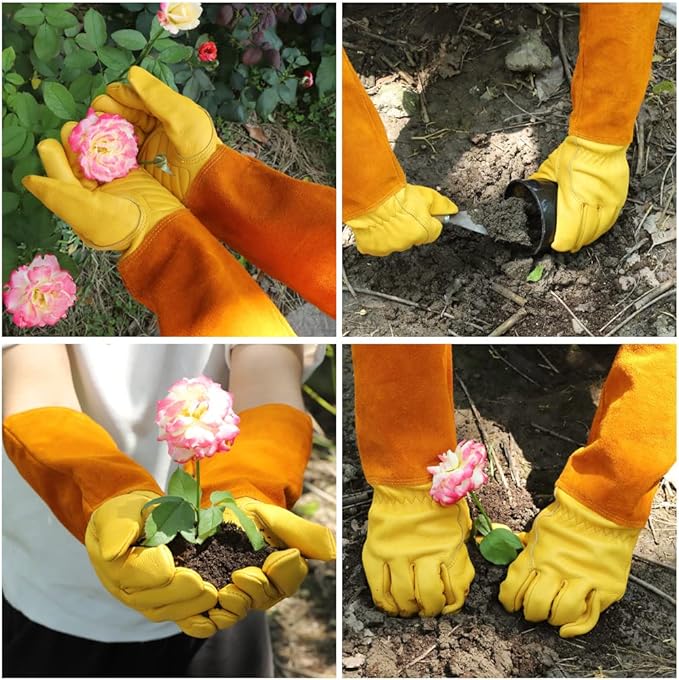 Thorn Proof Gardening Gloves for Men & Women, Long Cowhide Leather Rose Pruning Gloves with Forearm Protection, Puncture Resistant Gauntlets for Cacti, Blackberries & Yard Work(Butter Yellow,L)
