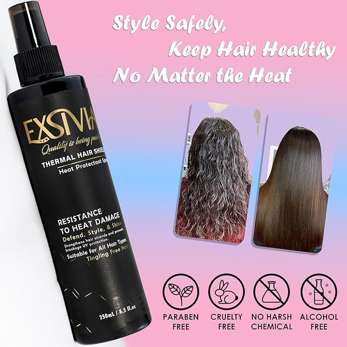 EXSIVIA Heat & Color Protection Hair Spray with Castor Oil Musk Fragrance, Frizz-Free Shine, Thermal Protection, Paraben-Free 250mL