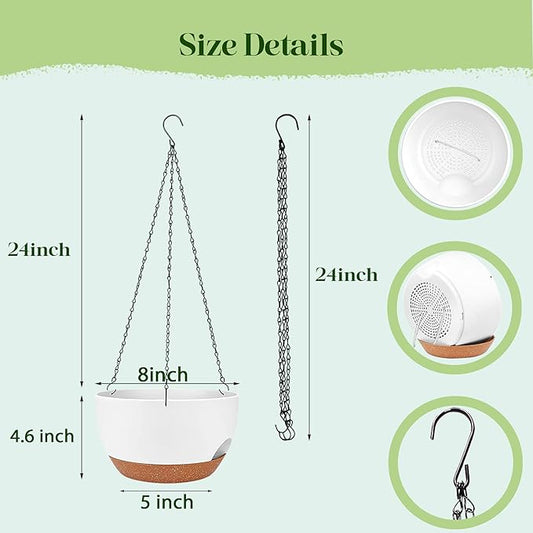 Set of 2-8 Inch Self Watering Hanging Planters for Indoor Outdoor,Hanging Plant Pots with Drainage & Removable Tray, Hanging Pots Holder for Ivy, Pothos, Ferns, Balcony & Patio, White Brown