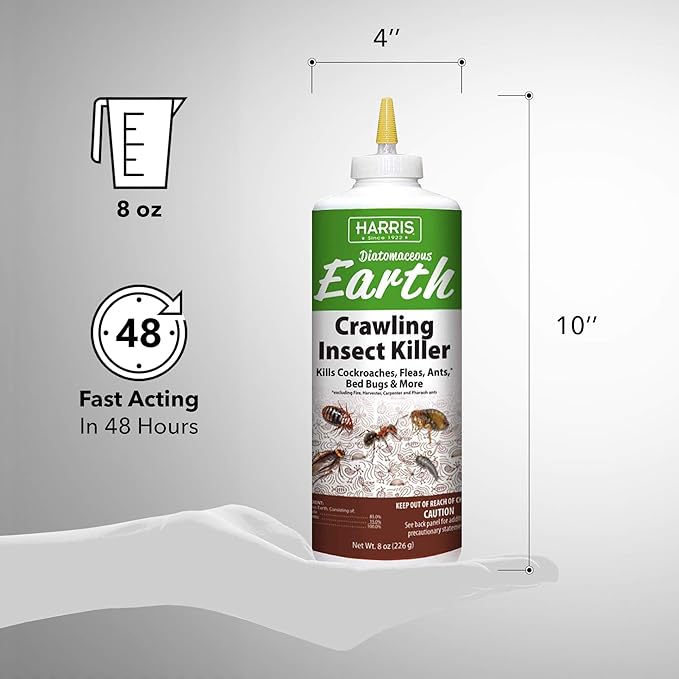 Harris 8 oz Diatomaceous Earth Crawling Insect Killer — 100% Natural Dust for Ants, Roaches, Bed Bugs, Fleas — Indoor & Outdoor Use