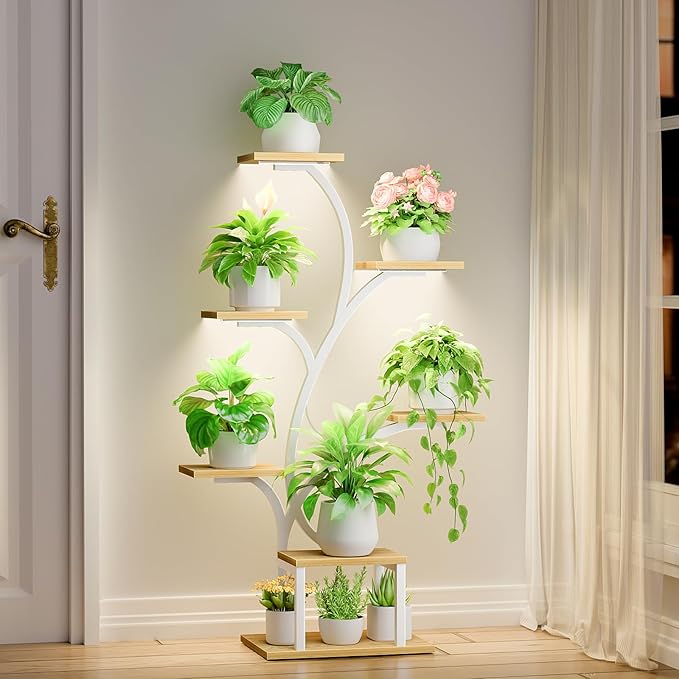 BACEKOLL Plant Stand Indoor with Grow Lights, 7 Tiered Indoor Plant Shelf, 49" Corner Plant Stands for Indoor Plants, Metal Plant Flower Display Shelf, Tree-Shaped Plant Rack for Home, Patio, Natural