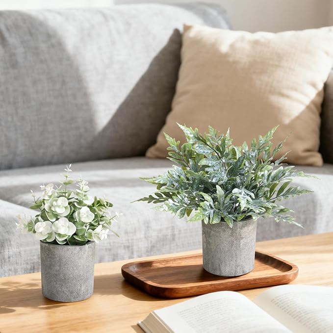 3 Pack Mini Potted Fake Plants Artificial Plastic Indoor Eucalyptus Plants for Home, Office, Desk, Bathroom, Coffee Table & Shelf (Green)