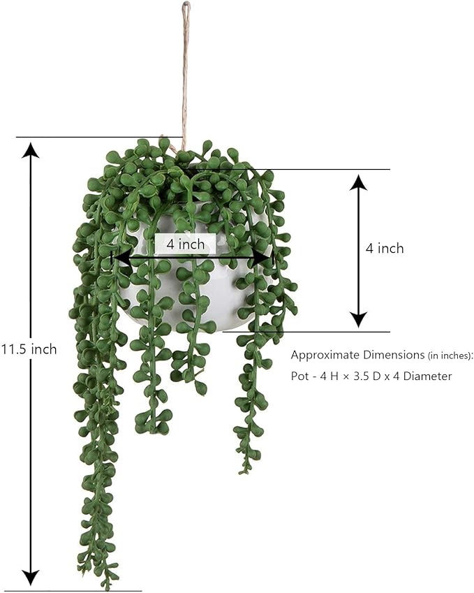 MyGift Artificial Faux String of Pearls Plants in White Ceramic Wall Hanging Planter Pot with Jute Rope, Set of 2