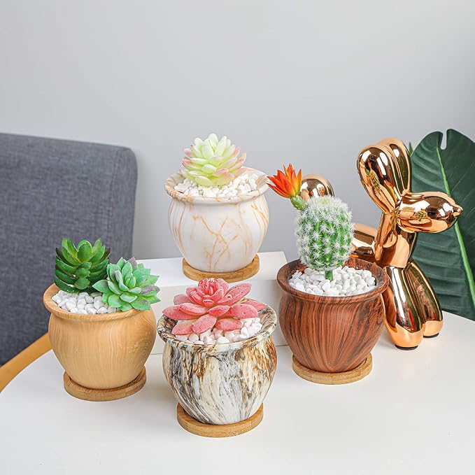ARTKETTY Succulent Pots, 4.5 Inch Small Succulent Planter Pot with Drainage Bamboo Trays, Ceramic Flower Pots for Indoor/Outdoor Cactus Plants Set of 4
