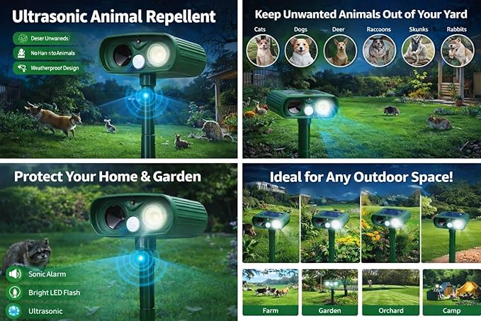 Solar Ultrasonic Animal Repeller - Waterproof - Motion Activated - Humane Pest Control with LED Flash for Modern Garden for Deer - Squirrel -Raccoon -Rabbit -Fox -Skunk -2026 New Generation