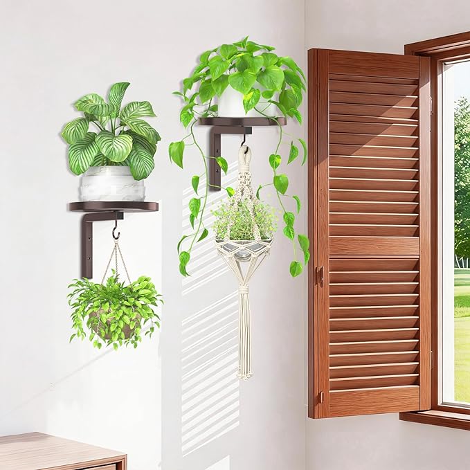 iDavosic.ly Wall Plant Holder Set of 2 for Indoor Outdoor, Metal Hanger with 2 Hooks, Floating Flower Display Stand for Window, Space Saving & Easy to Assemble (Pots/Plants Not Included), Bronze