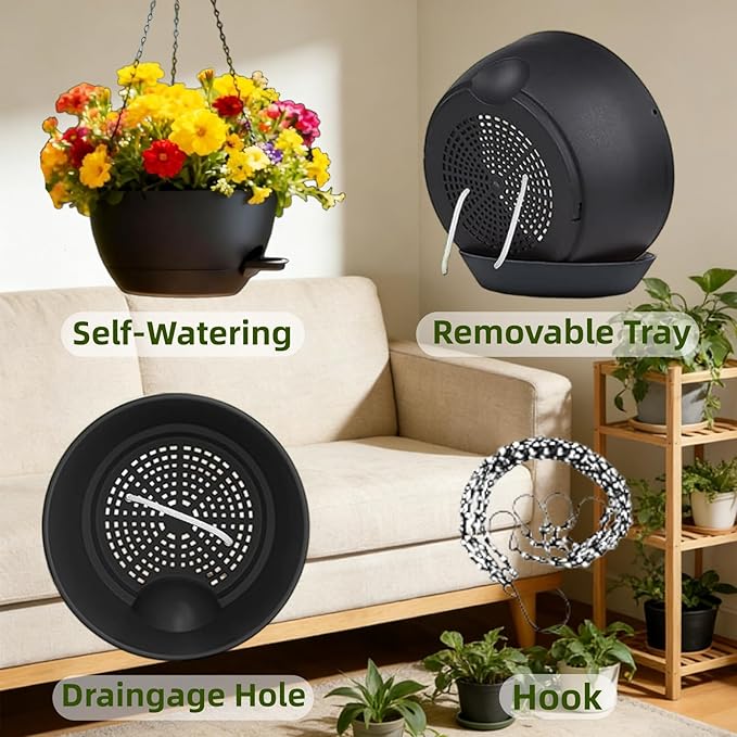 3 Pack Hanging Planters for Indoor Outdoor Plants, 10 Inch Self Watering Hanging Pots for Plants, Plastic Hanging Flower Baskets for Plants Hanger with Drainage and Tray, Chain (Black)